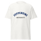 Unisex black t-shirt featuring Pepperdine University logo printed across the front chest