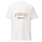 Unisex black t-shirt featuring Purdue University logo printed across the front chest