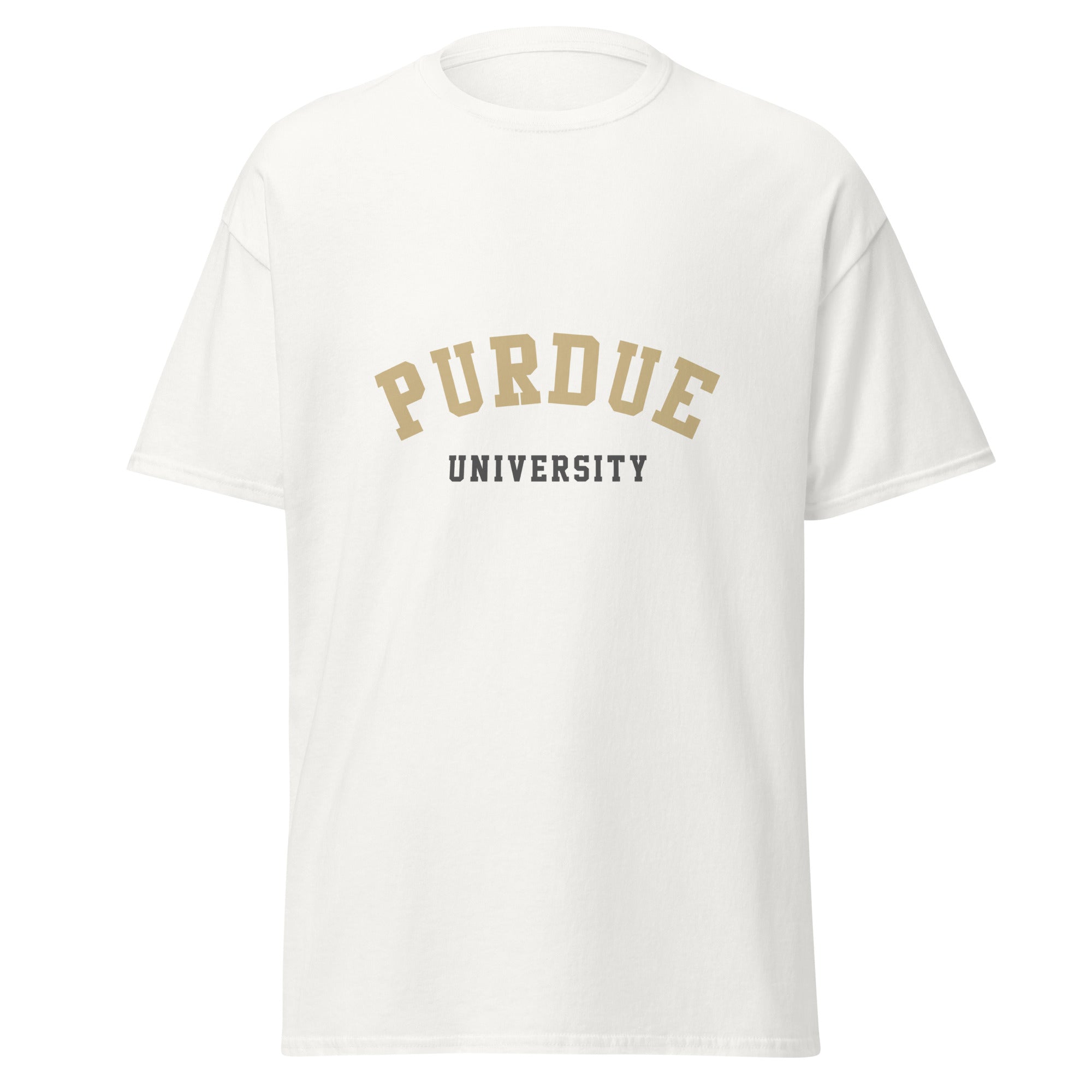 Unisex black t-shirt featuring Purdue University logo printed across the front chest