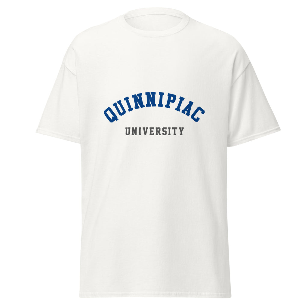 Unisex black t-shirt featuring Quinnipiac University logo printed across the front chest