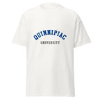 Unisex black t-shirt featuring Quinnipiac University logo printed across the front chest