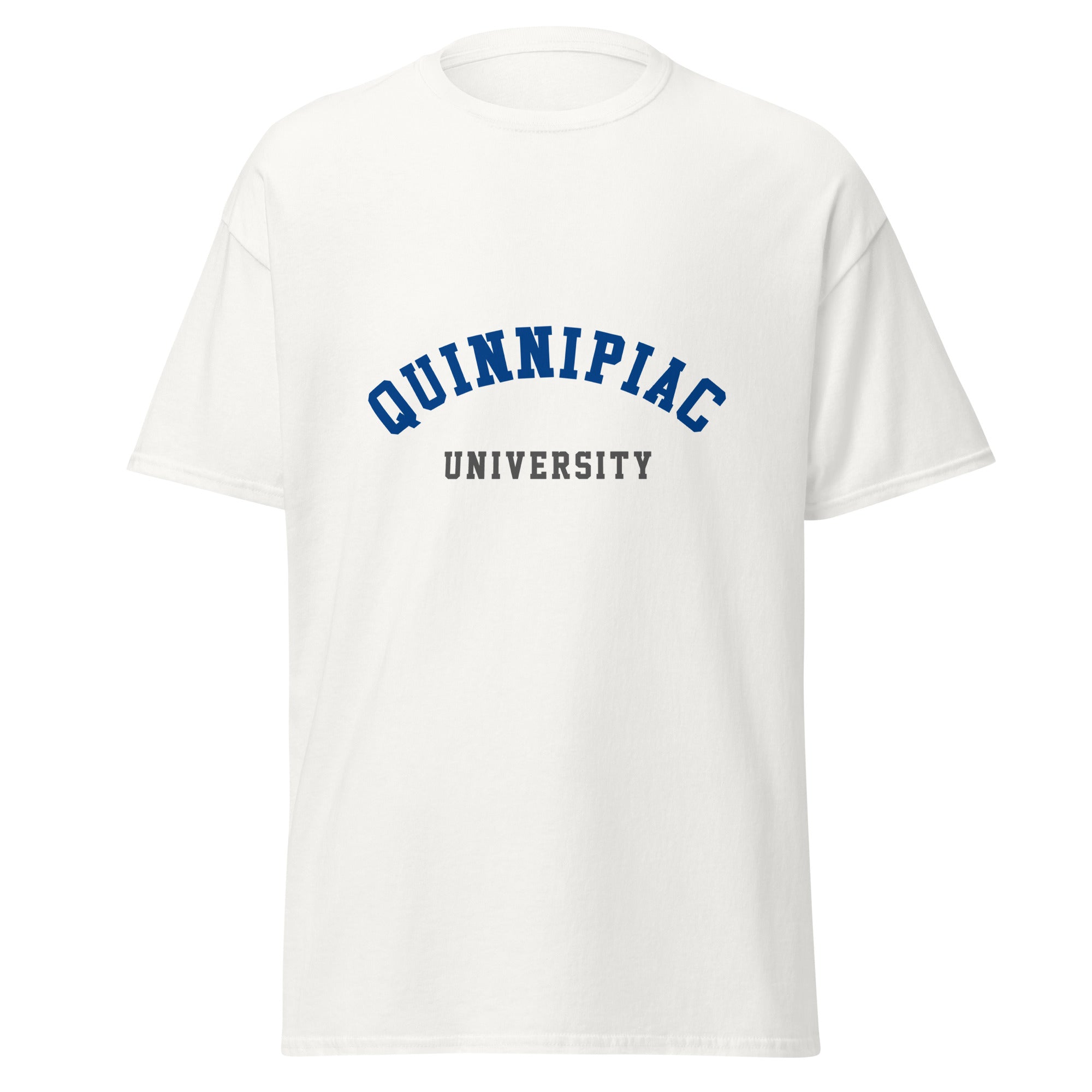 Unisex black t-shirt featuring Quinnipiac University logo printed across the front chest