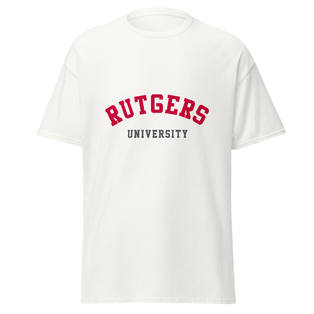 Unisex black t-shirt featuring Rutgers University logo printed across the front chest