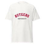 Unisex black t-shirt featuring Rutgers University logo printed across the front chest