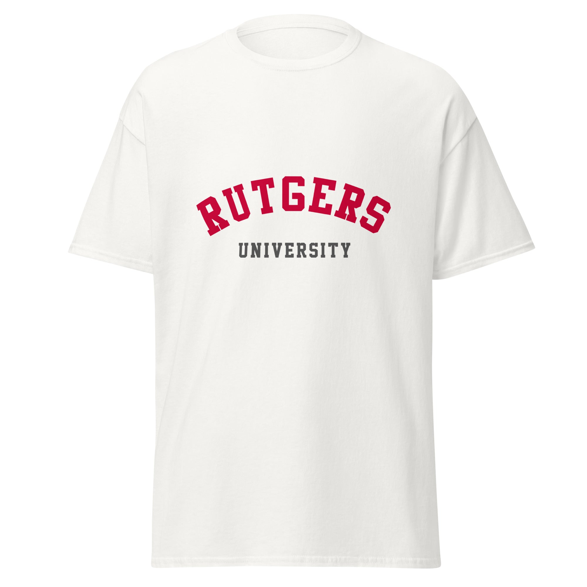 Unisex black t-shirt featuring Rutgers University logo printed across the front chest
