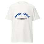 Unisex black t-shirt featuring Saint Louis University logo printed across the front chest