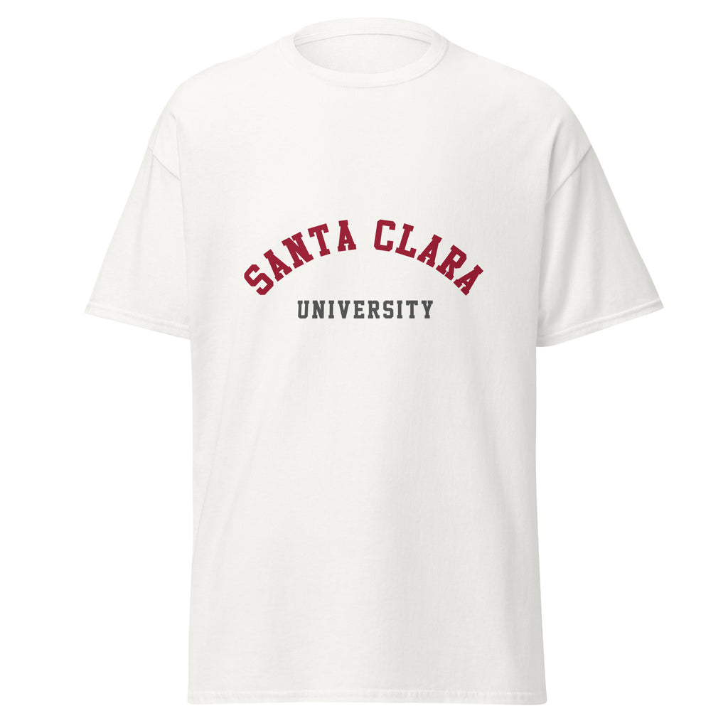 Unisex black t-shirt featuring Santa Clara University logo printed across the front chest