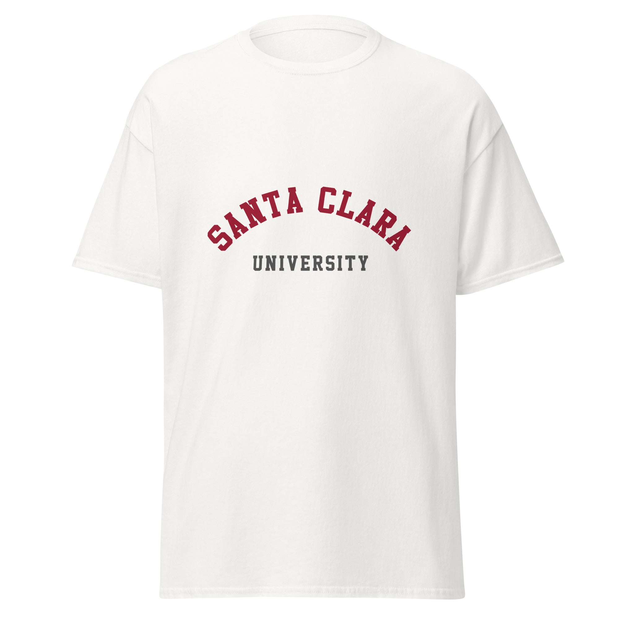 Unisex black t-shirt featuring Santa Clara University logo printed across the front chest