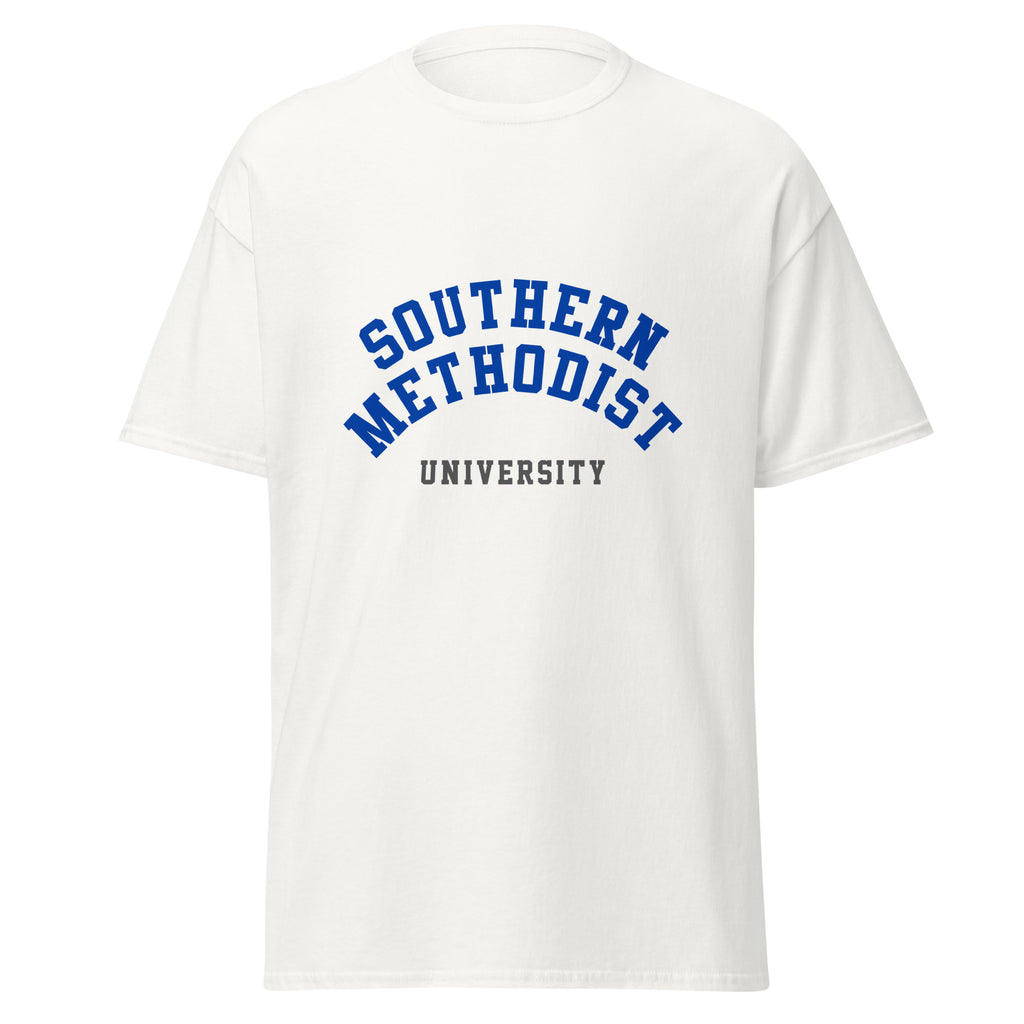 Unisex black t-shirt featuring Southern Methodist University logo printed across the front chest