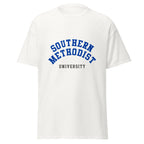 Unisex black t-shirt featuring Southern Methodist University logo printed across the front chest
