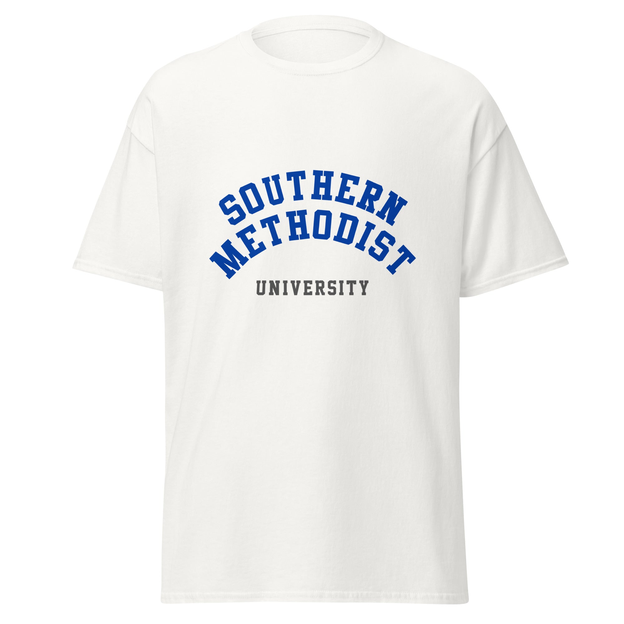 Unisex black t-shirt featuring Southern Methodist University logo printed across the front chest