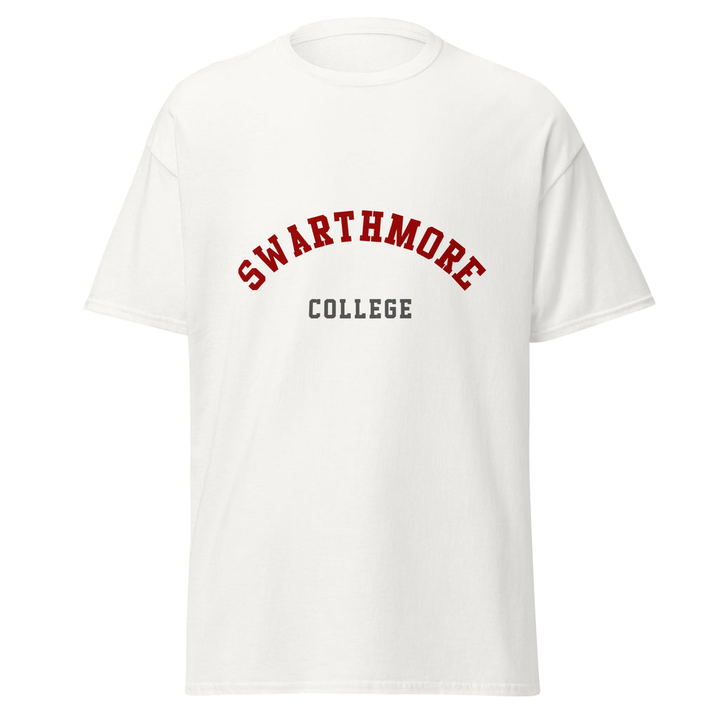Unisex black t-shirt featuring Swarthmore College logo printed across the front chest