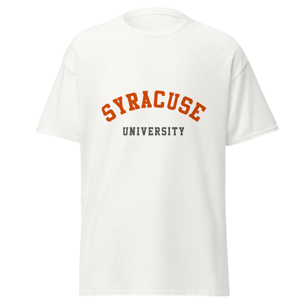 Unisex black t-shirt featuring Syracuse University logo printed across the front chest