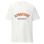 Unisex black t-shirt featuring Syracuse University logo printed across the front chest