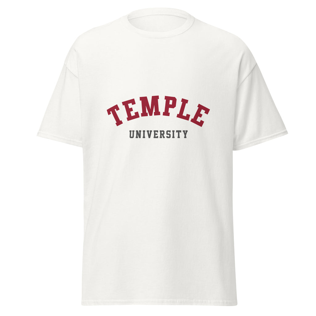 Unisex black t-shirt featuring Temple University logo printed across the front chest