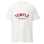 Unisex black t-shirt featuring Temple University logo printed across the front chest
