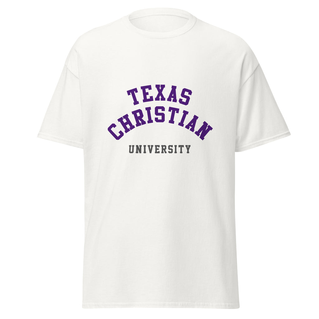 Unisex black t-shirt featuring Texas Christian University logo printed across the front chest