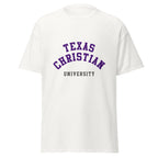 Unisex black t-shirt featuring Texas Christian University logo printed across the front chest
