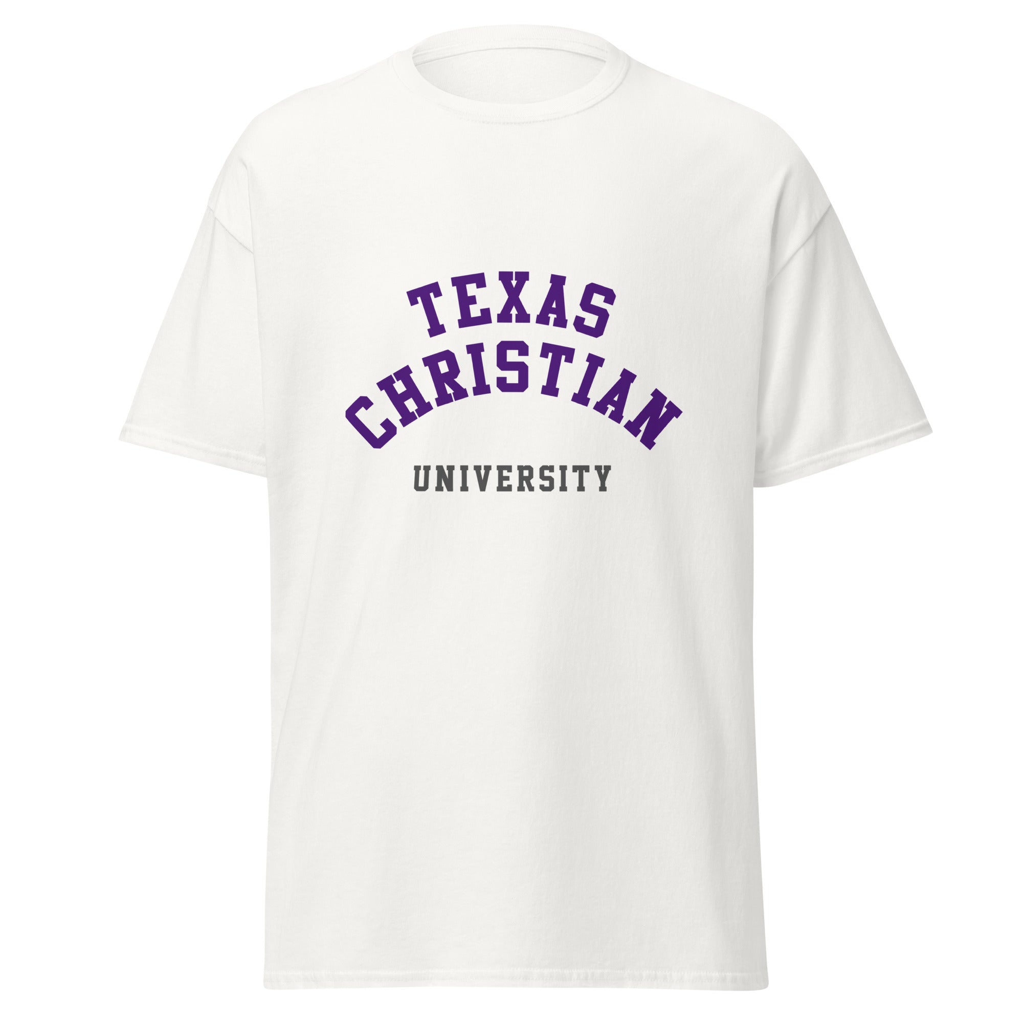 Unisex black t-shirt featuring Texas Christian University logo printed across the front chest