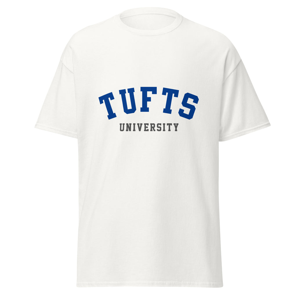 Unisex black t-shirt featuring Tufts University logo printed across the front chest