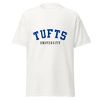 Unisex black t-shirt featuring Tufts University logo printed across the front chest