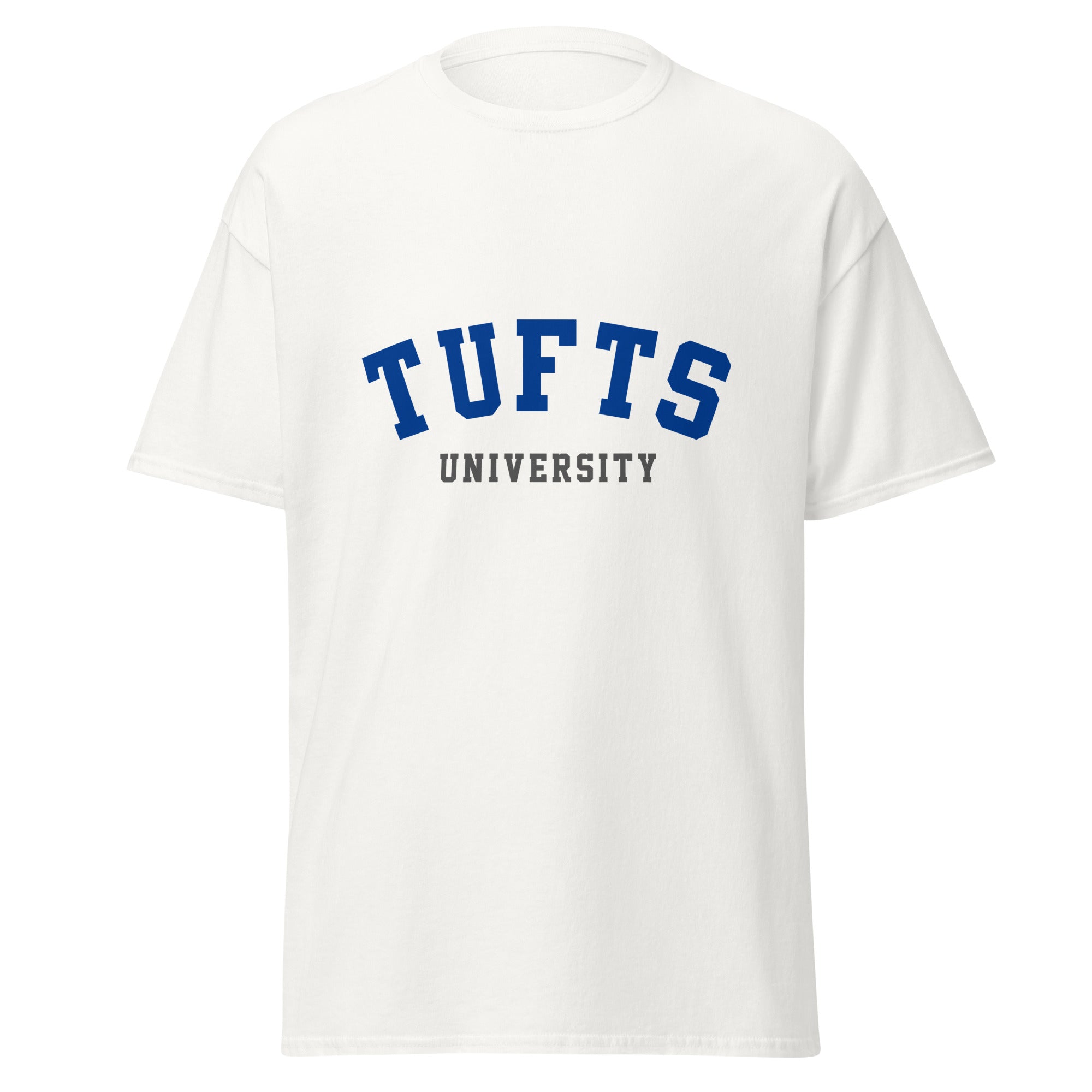 Unisex black t-shirt featuring Tufts University logo printed across the front chest