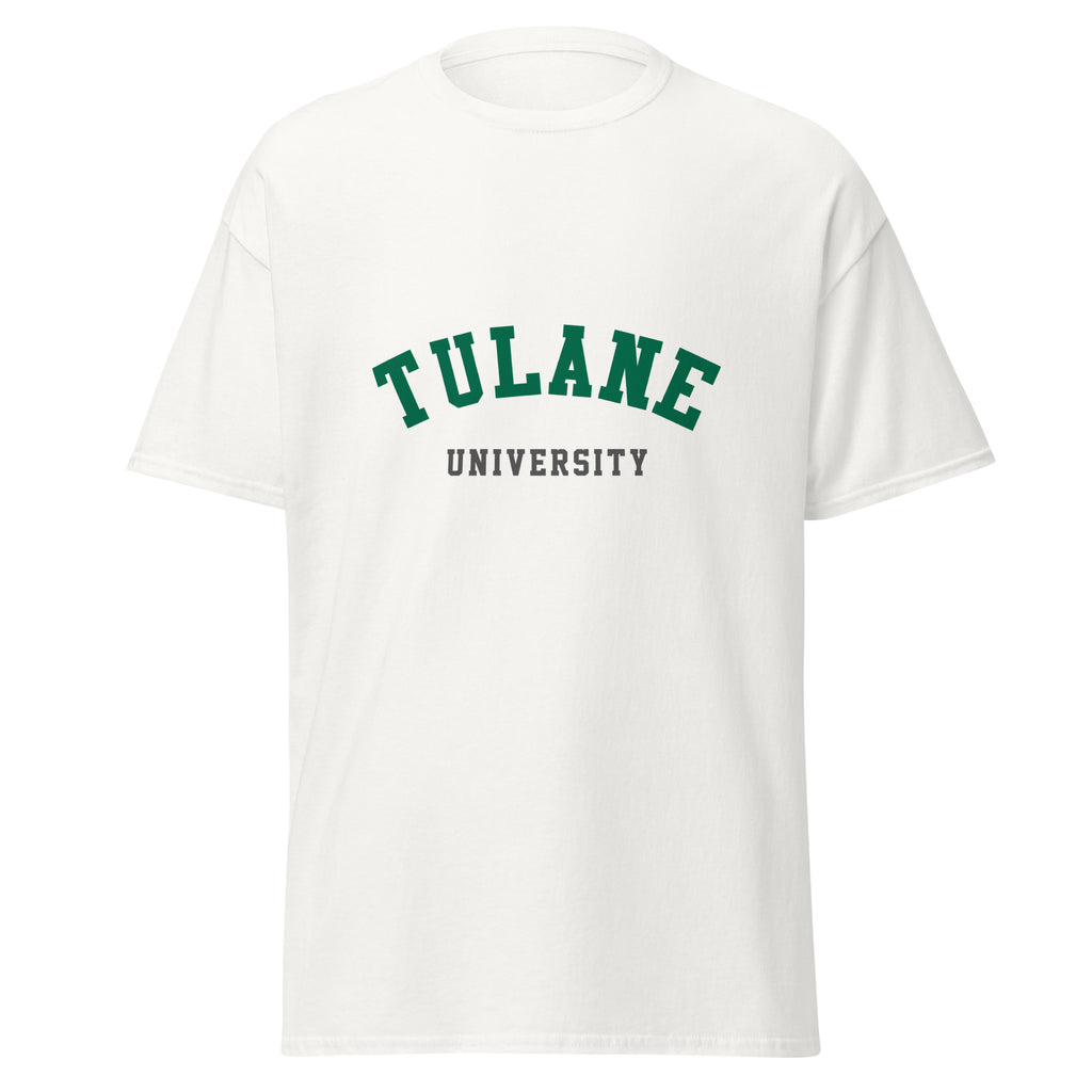 Unisex black t-shirt featuring Tulane University logo printed across the front chest