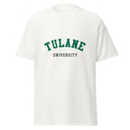 Unisex black t-shirt featuring Tulane University logo printed across the front chest