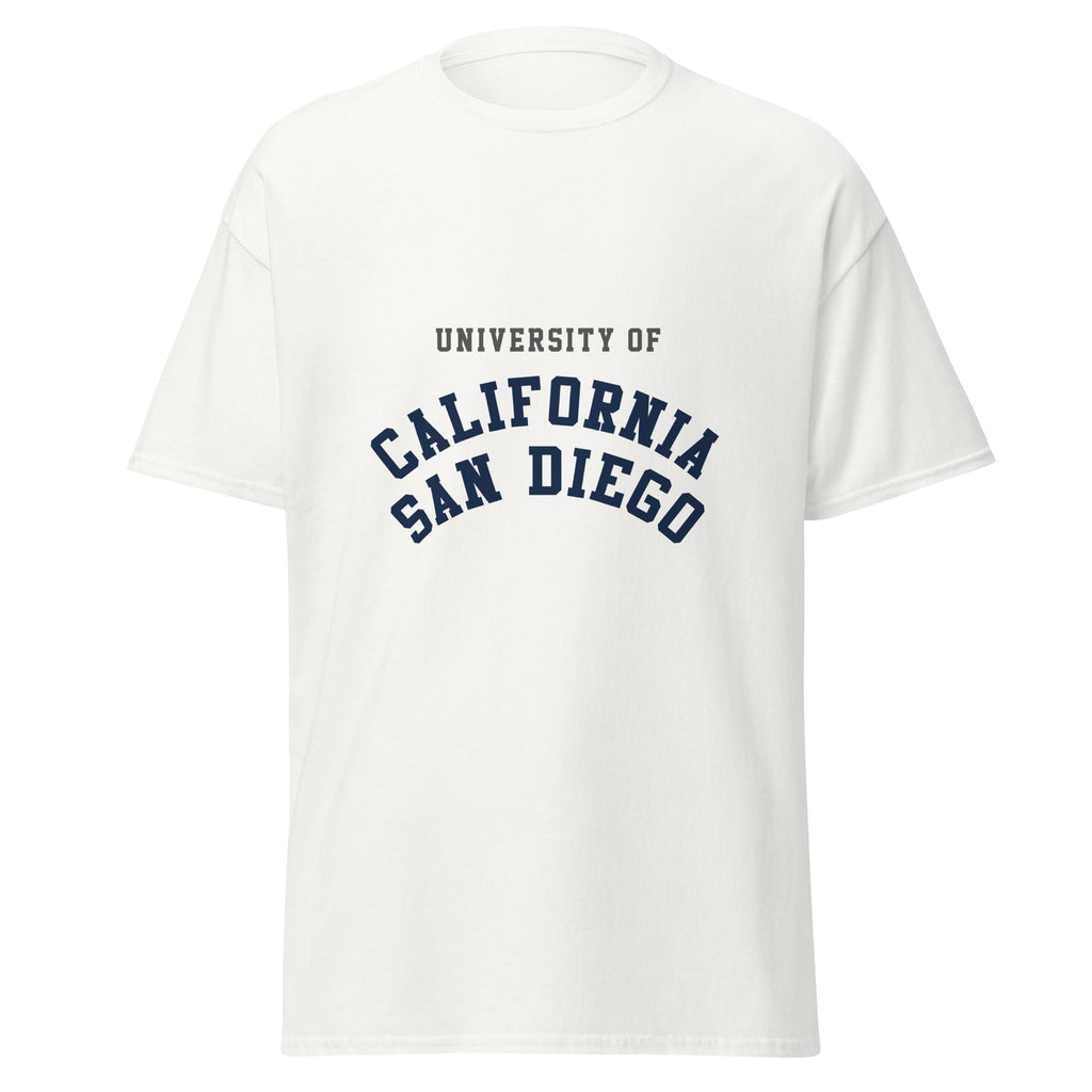 Unisex black t-shirt featuring UC San Diego logo printed across the front chest