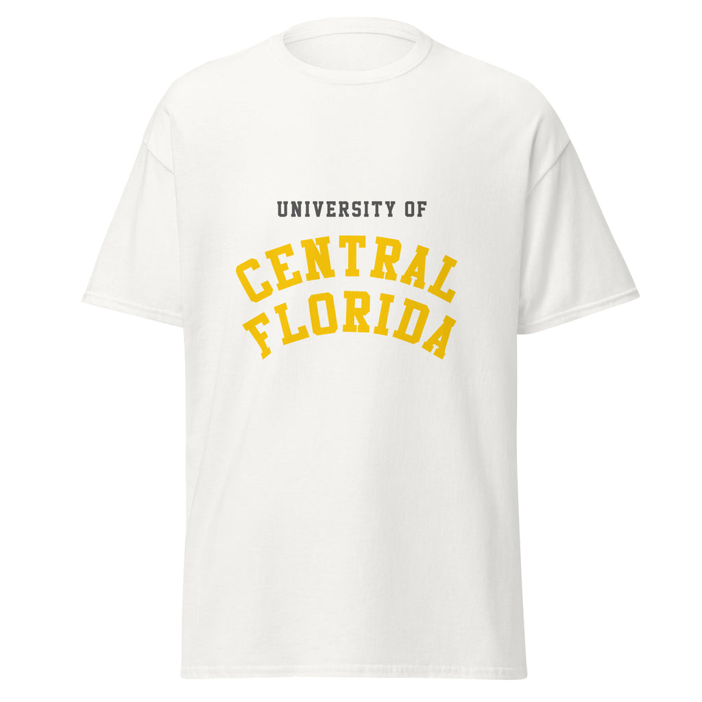 Unisex black t-shirt featuring University of Central Florida logo printed across the front chest
