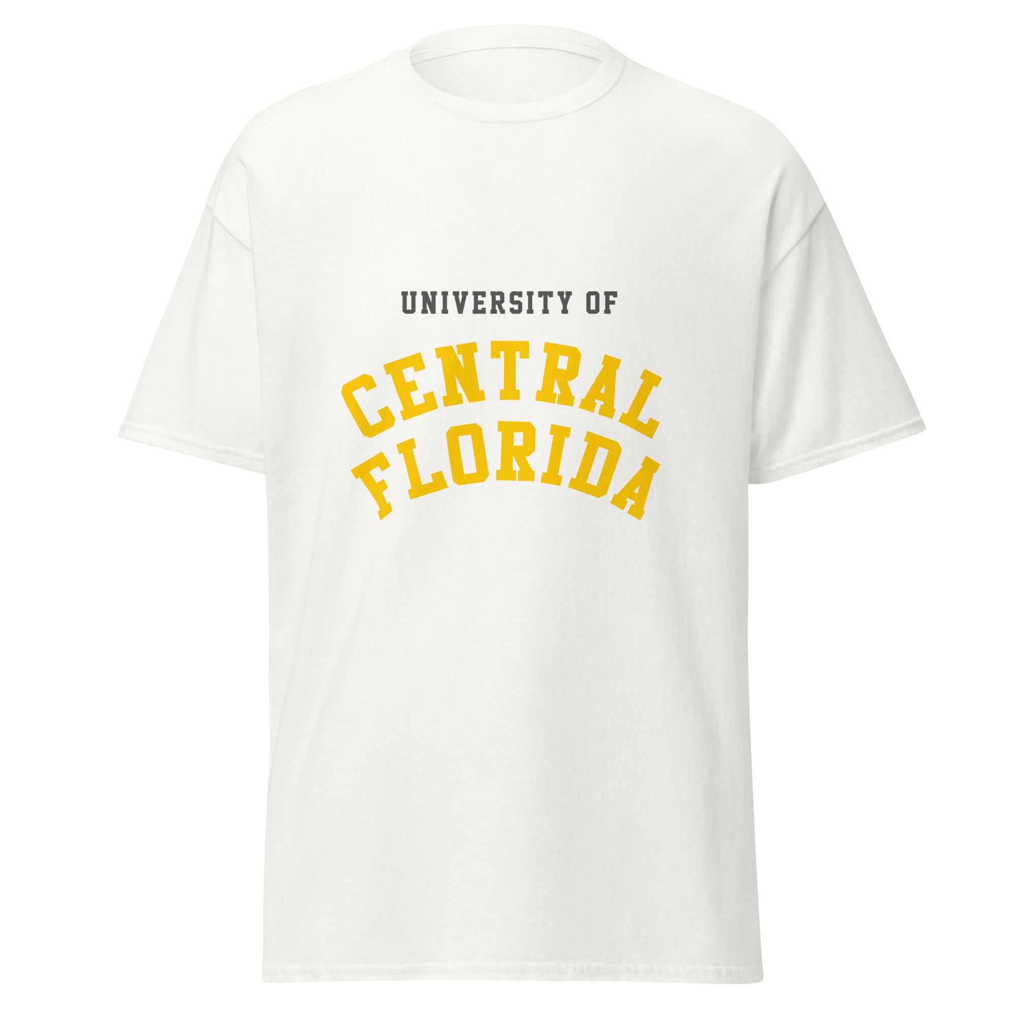 Unisex black t-shirt featuring University of Central Florida logo printed across the front chest