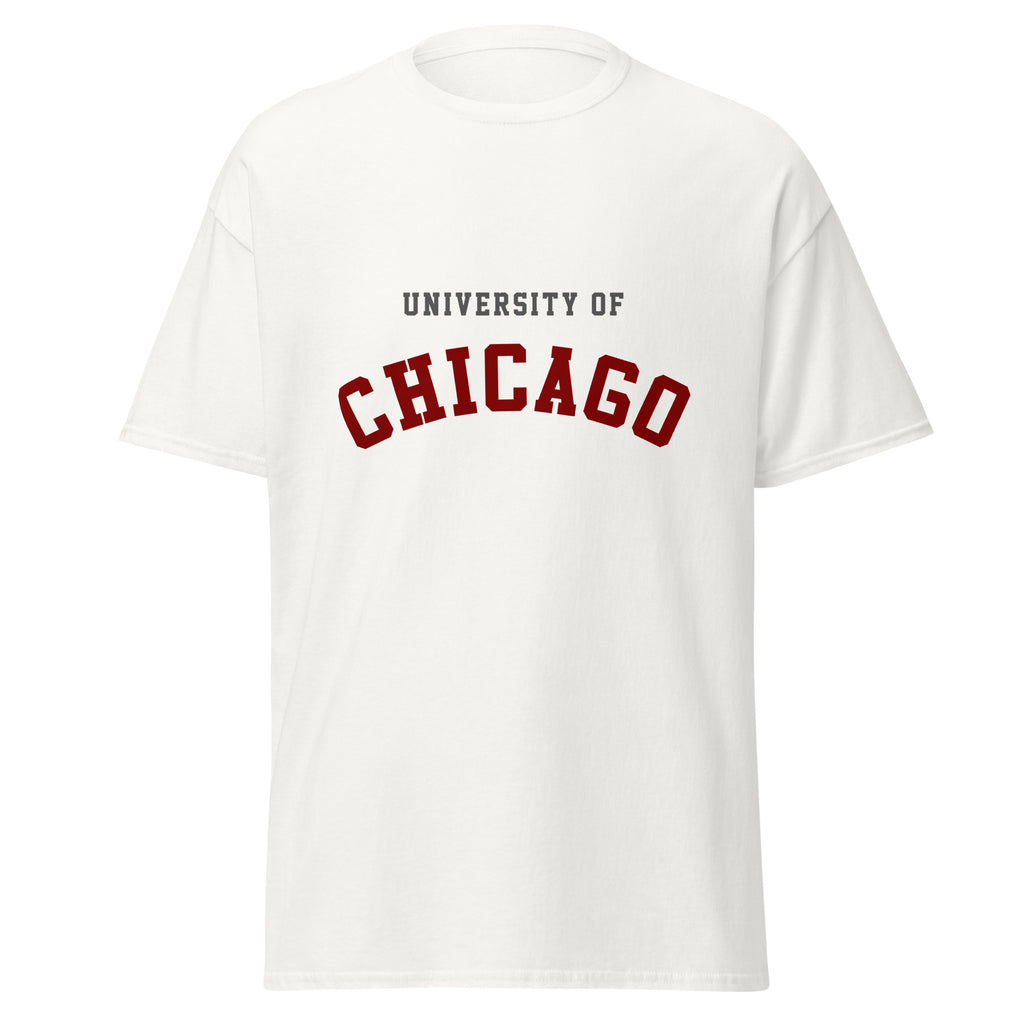 Unisex black t-shirt featuring University of Chicago logo printed across the front chest