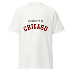 Unisex black t-shirt featuring University of Chicago logo printed across the front chest