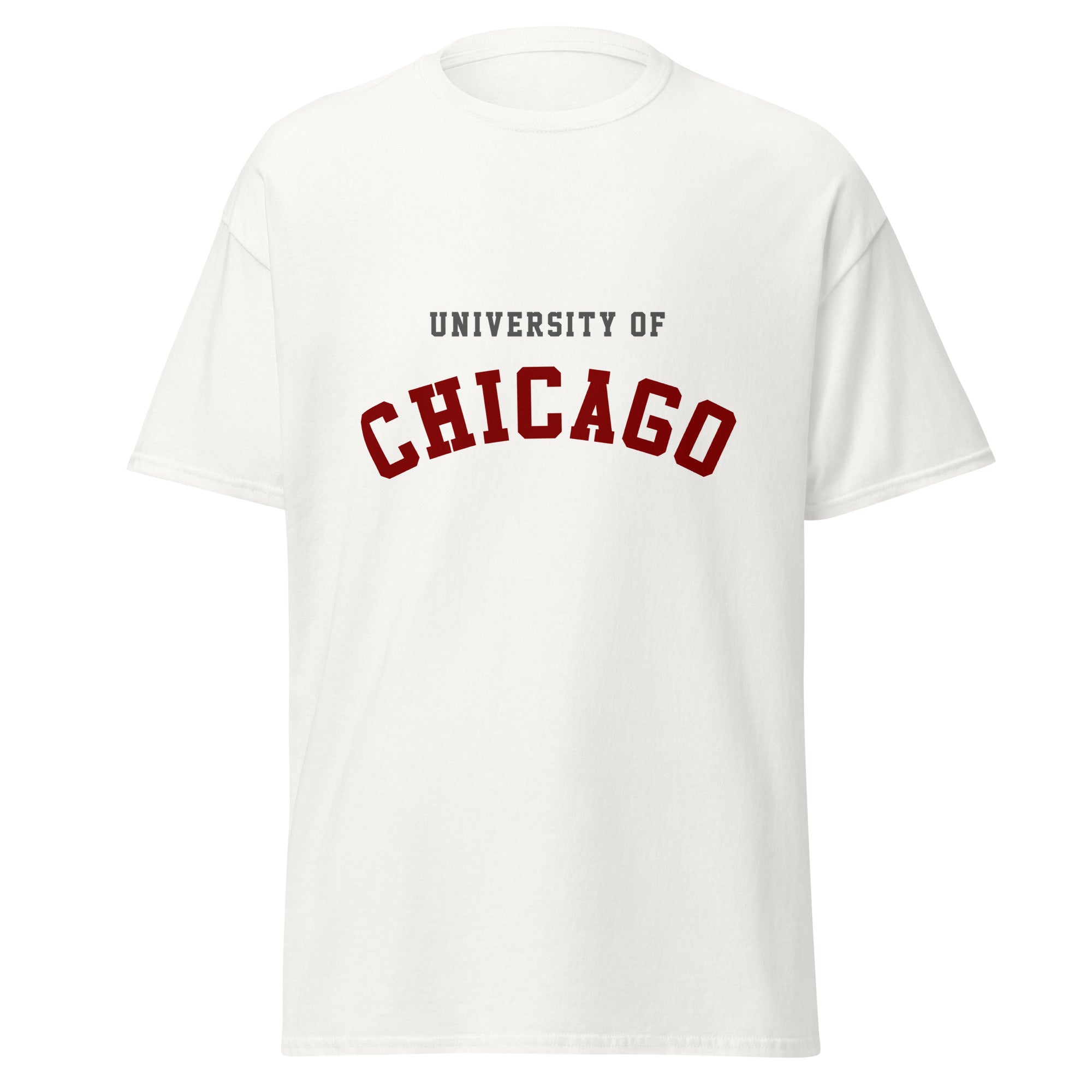 Unisex black t-shirt featuring University of Chicago logo printed across the front chest