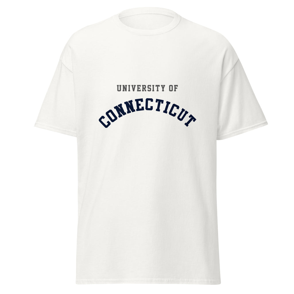 Unisex black t-shirt featuring University of Connecticut logo printed across the front chest