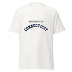 Unisex black t-shirt featuring University of Connecticut logo printed across the front chest