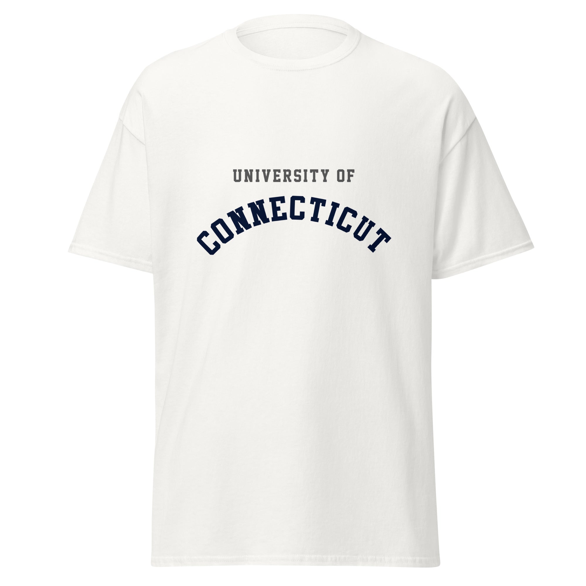 Unisex black t-shirt featuring University of Connecticut logo printed across the front chest