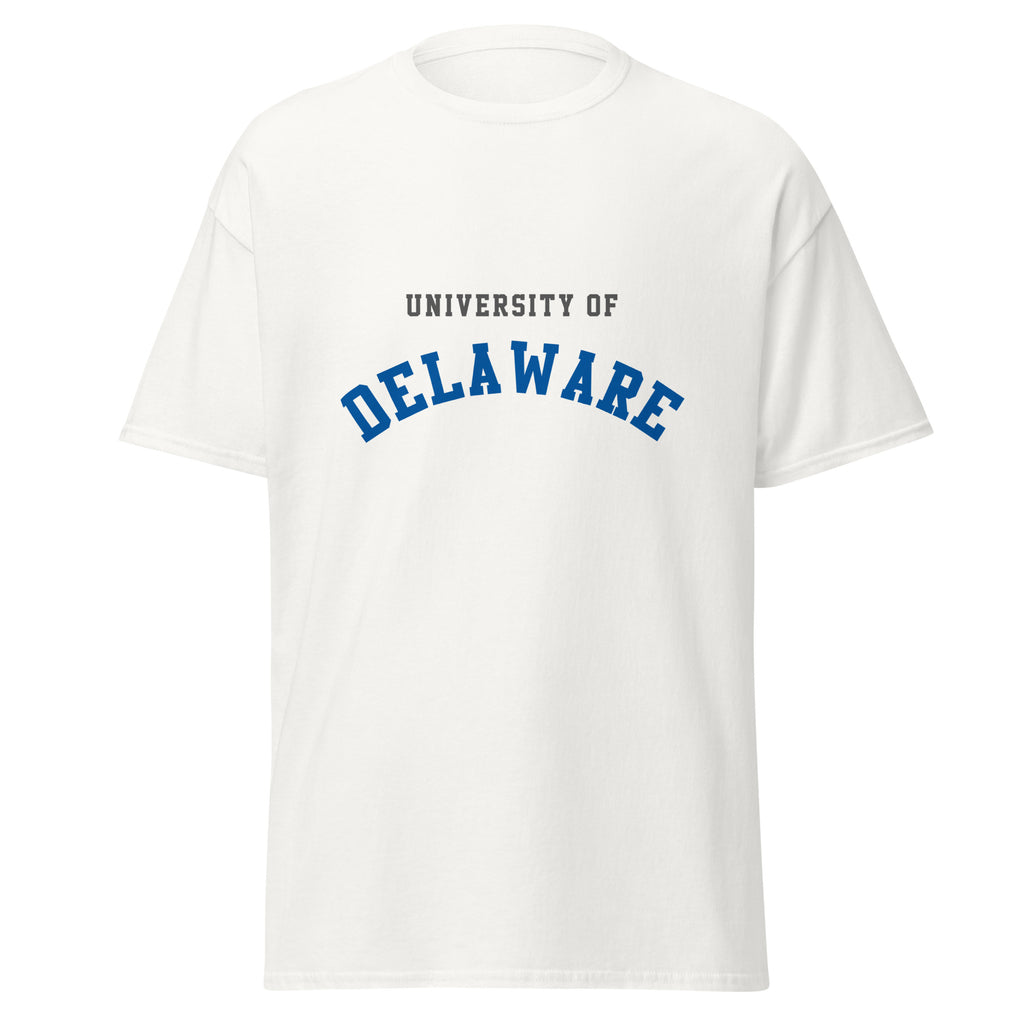 Unisex black t-shirt featuring University of Delaware logo printed across the front chest