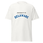 Unisex black t-shirt featuring University of Delaware logo printed across the front chest