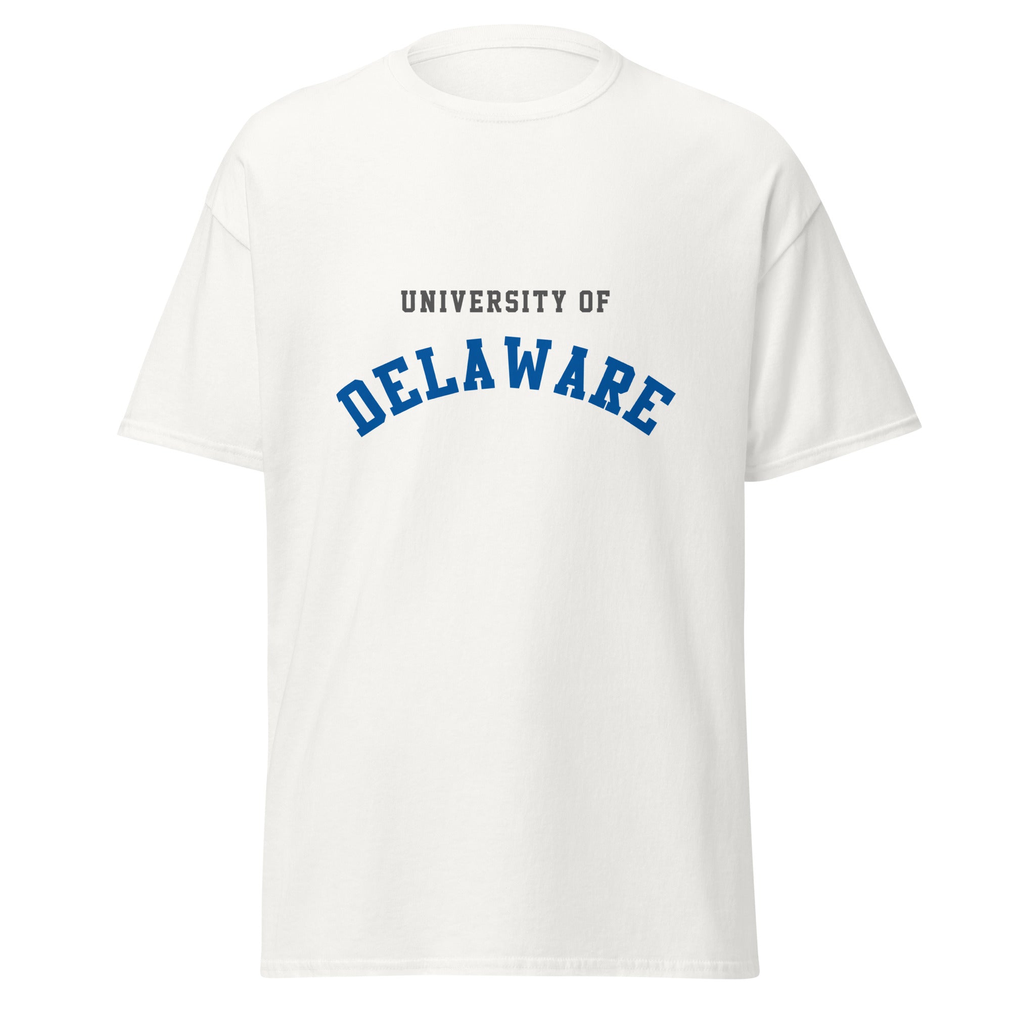 Unisex black t-shirt featuring University of Delaware logo printed across the front chest