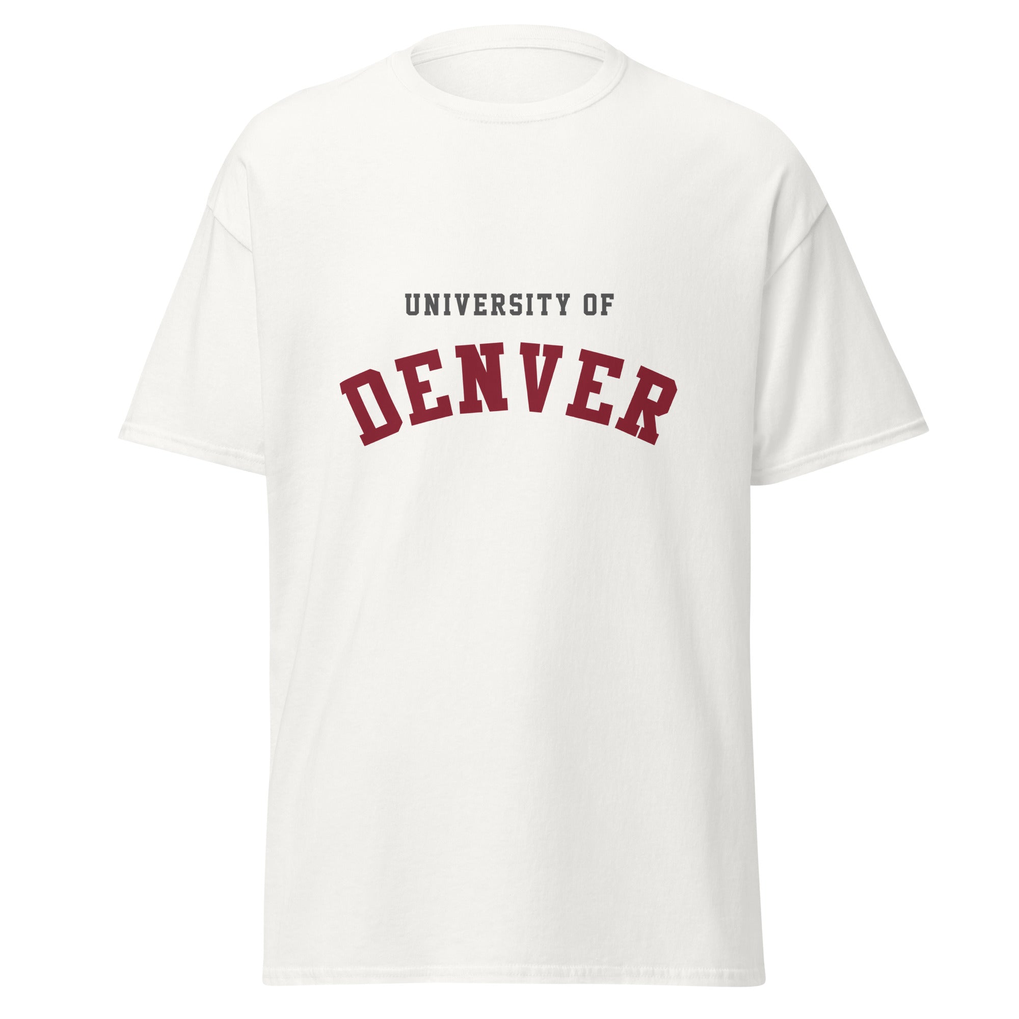 Unisex black t-shirt featuring University of Denver logo printed across the front chest