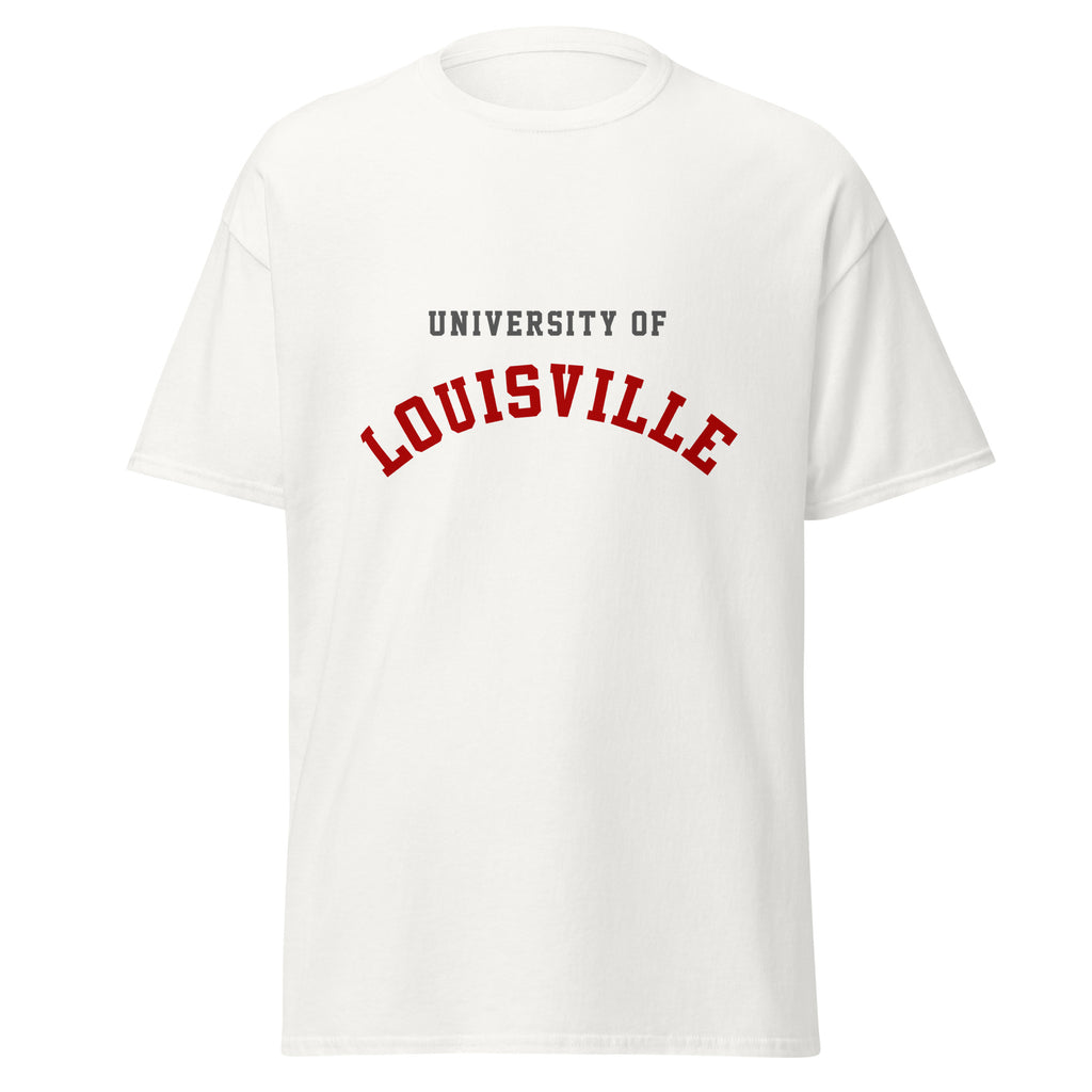 Unisex black t-shirt featuring University of Louisville logo printed across the front chest
