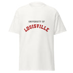Unisex black t-shirt featuring University of Louisville logo printed across the front chest