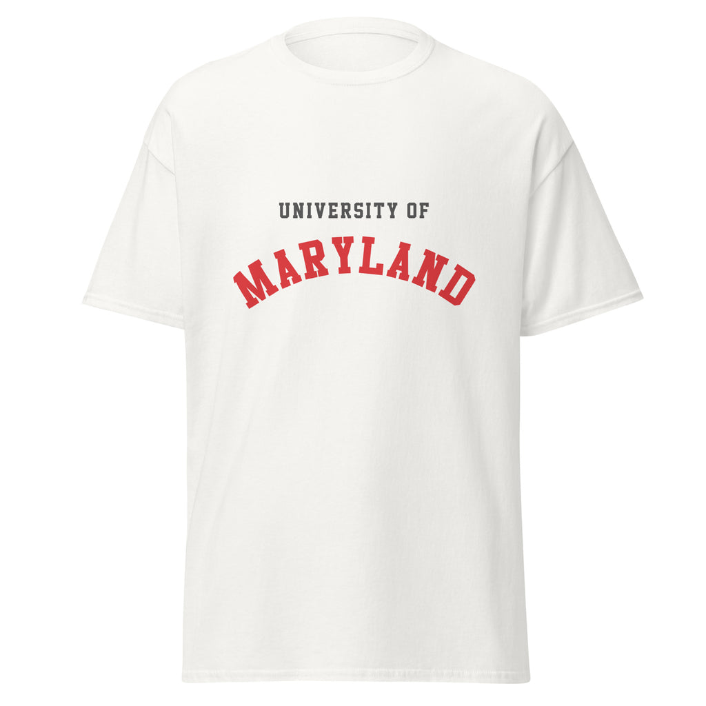 Unisex black t-shirt featuring University of Maryland logo printed across the front chest