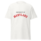Unisex black t-shirt featuring University of Maryland logo printed across the front chest