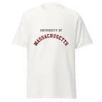Unisex black t-shirt featuring University of Massachusetts logo printed across the front chest