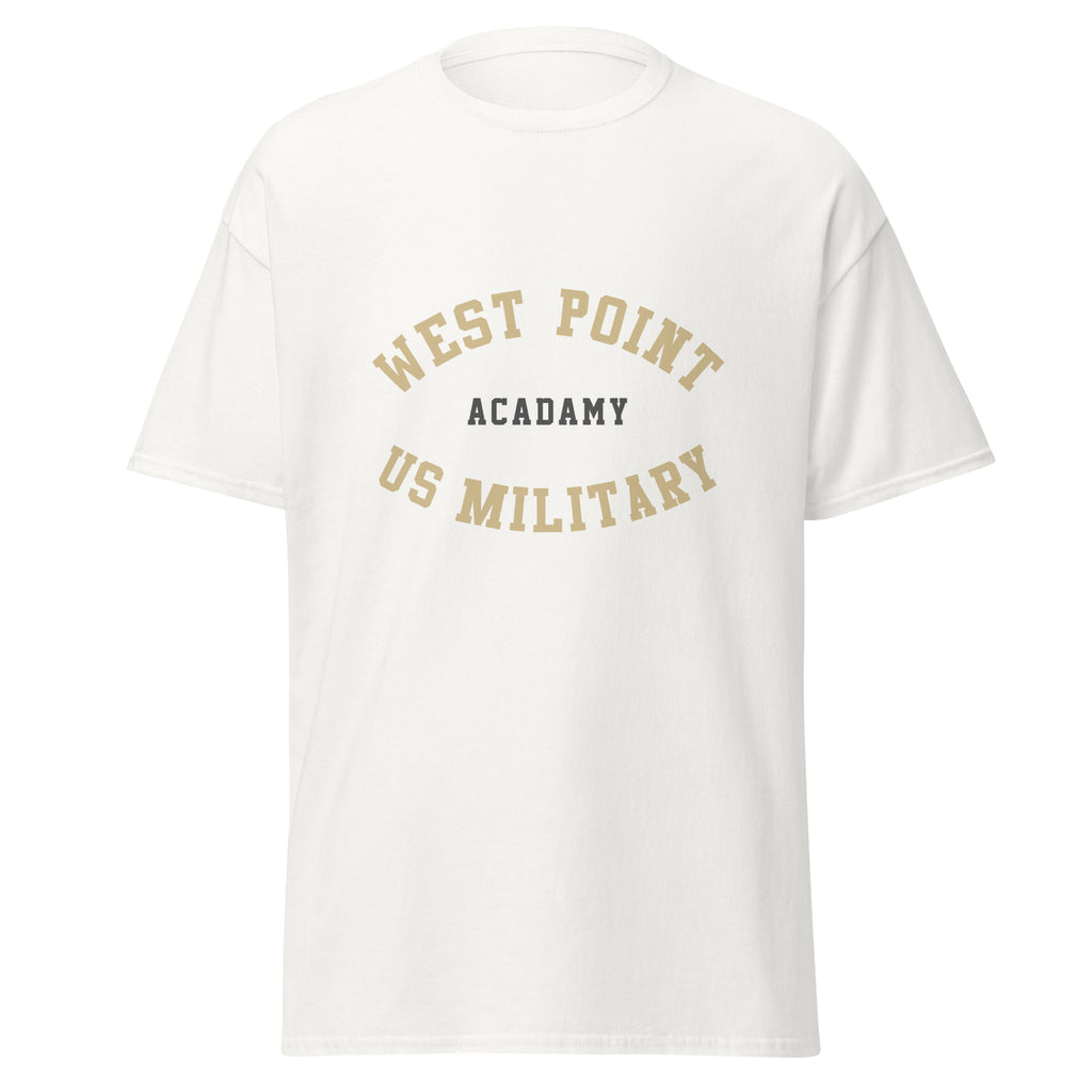 Unisex black t-shirt featuring West Point logo printed across the front chest