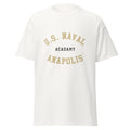 Unisex black t-shirt featuring US Naval Academy at Annapolis logo printed across the front chest