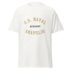 Unisex black t-shirt featuring US Naval Academy at Annapolis logo printed across the front chest