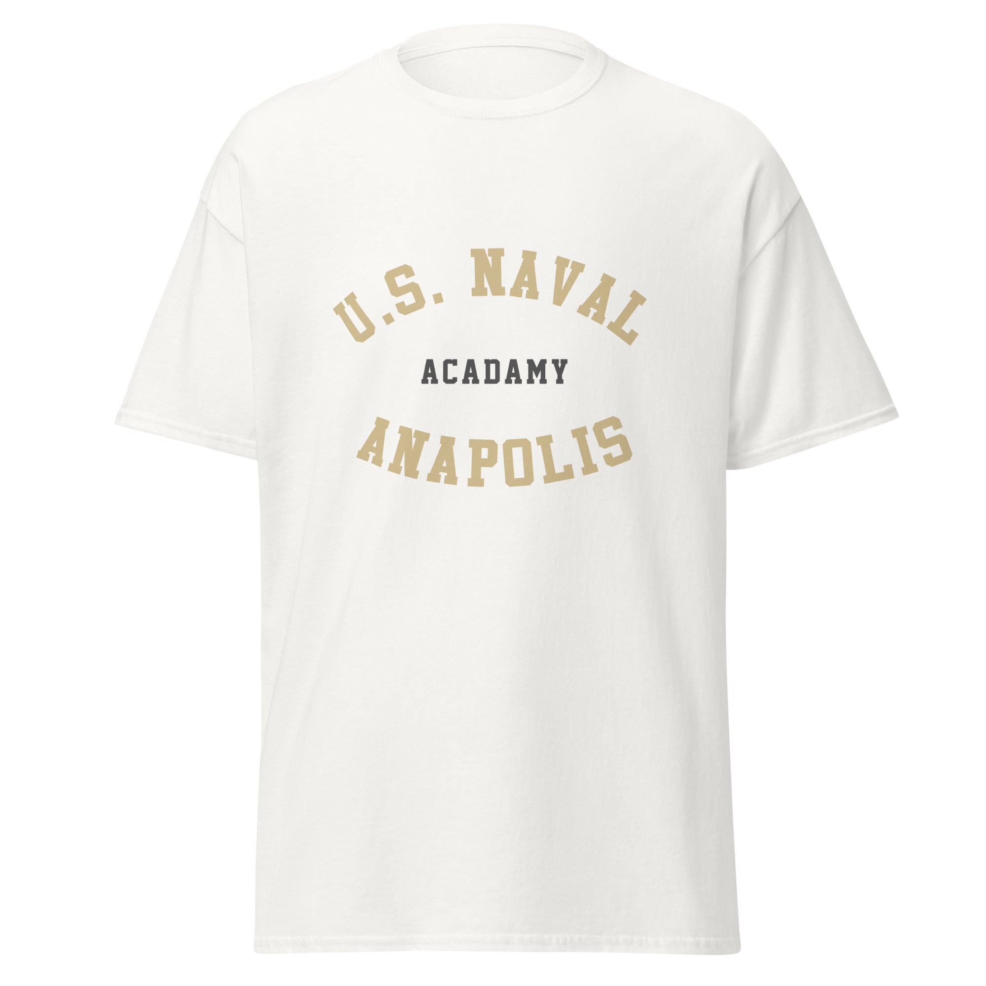 Unisex black t-shirt featuring US Naval Academy at Annapolis logo printed across the front chest